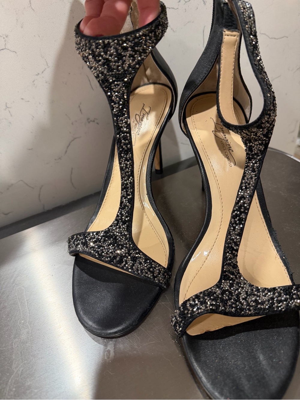 Vince Camuto Black Glitter T-Strap Heels